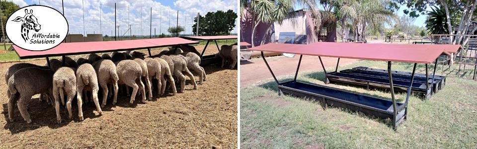 Feed troughs with roofs to protect feed against rain and sun